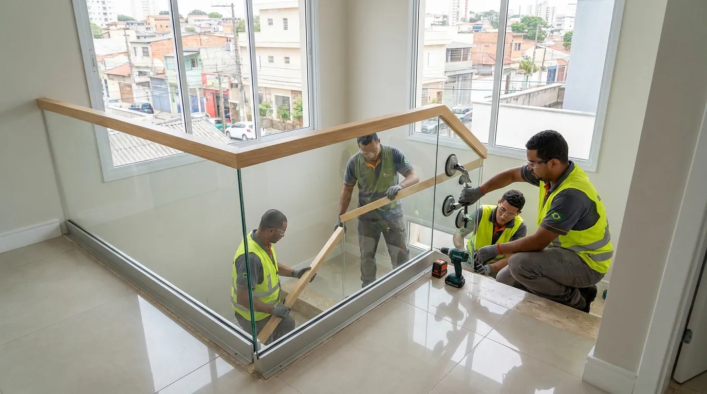 Painéis de vidro laminado sendo fixados em guarda-corpo
