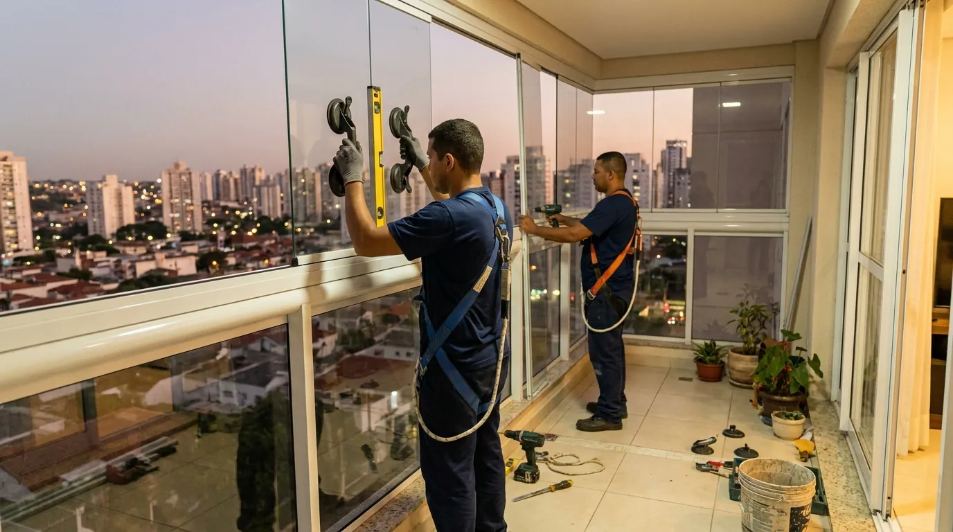 Divisória de vidro sendo alinhada entre dois ambientes