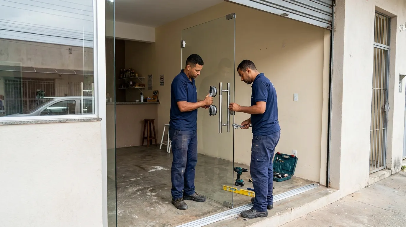 Dois vidraceiros posicionando folha de porta de vidro